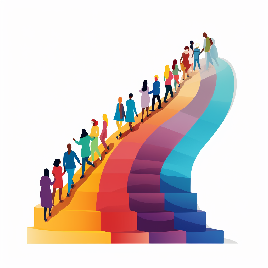 A colourful staircase with diverse people on it. Each one of them at a different starting point. the staircase is ascending and people are interacting with each other as they move up