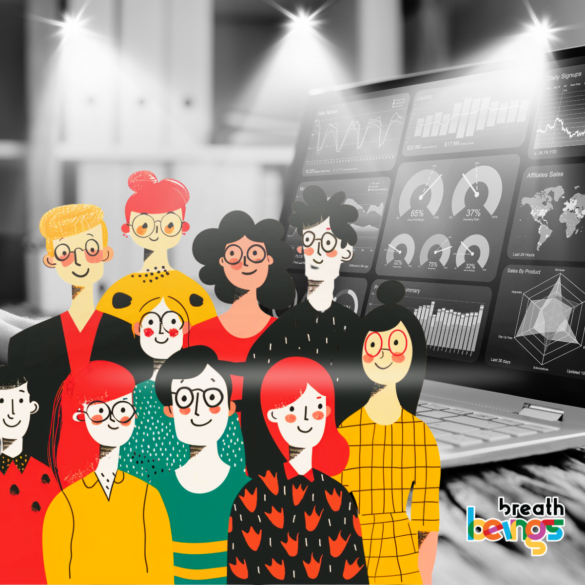 Colourful different gendered animated People standing in front of a laptop with workplace setting.