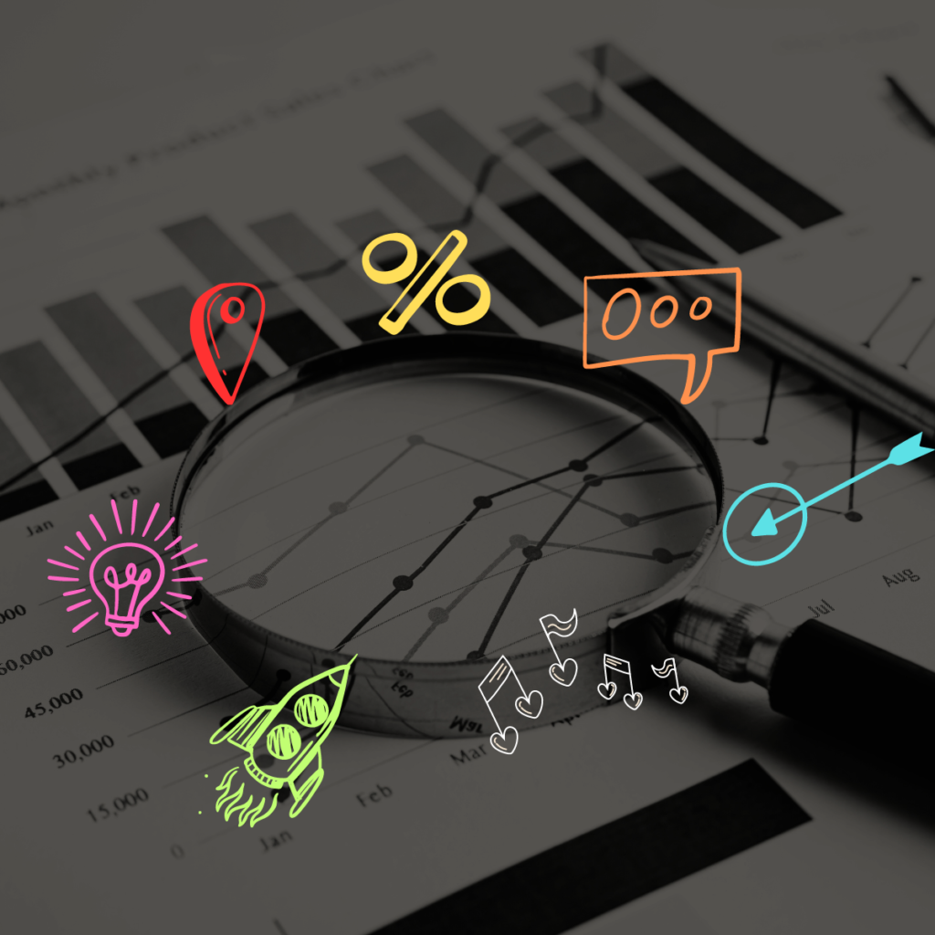 A magnifying glass with emojies around it including percentage, rocket sign, target sign, idea sign, location sign and a chatbox sign
