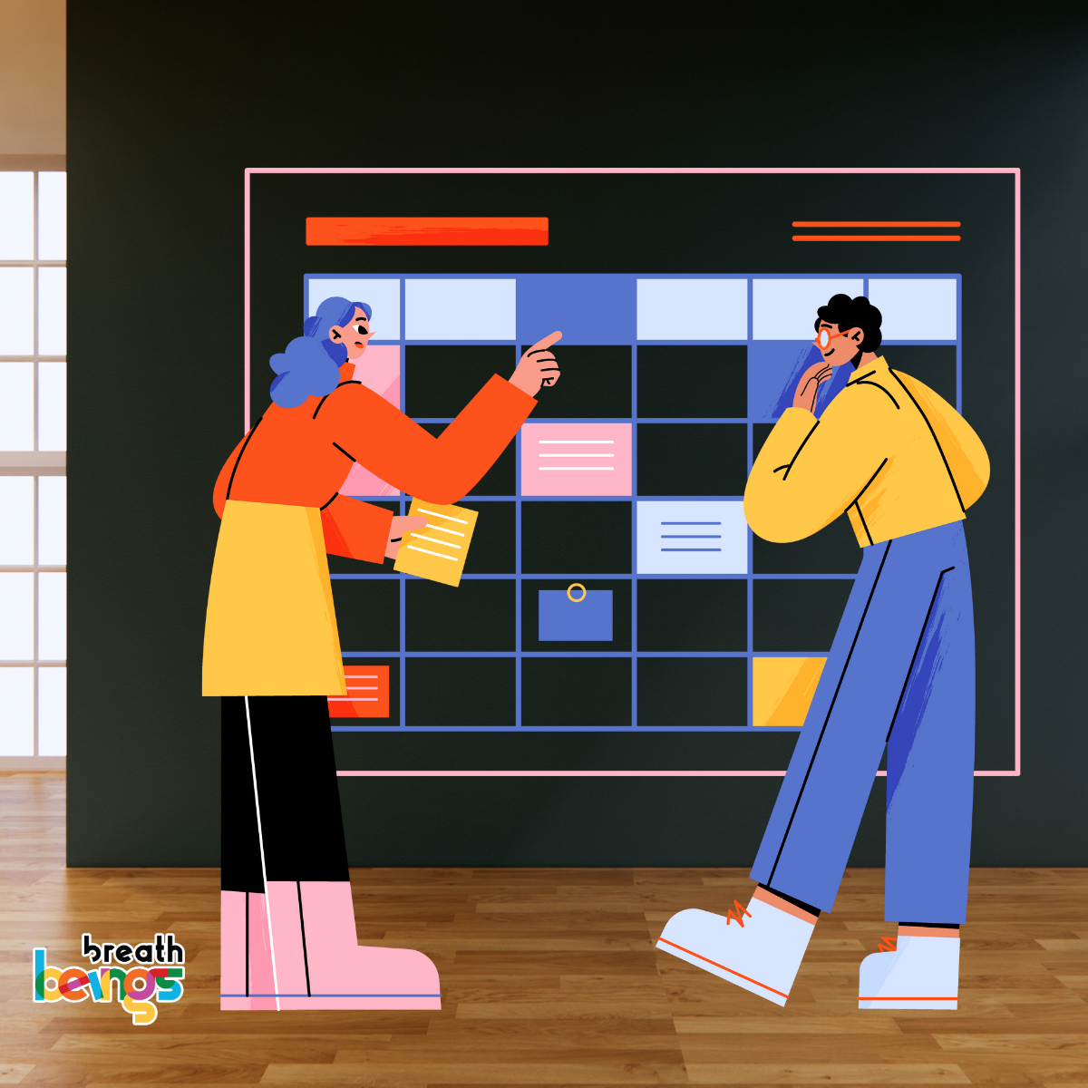 The room has a wooden floor, giving it a warm and grounded feel. A large window on the left side lets in natural light, contrasting with the darker wall where the calendar is mounted. There are two figures, engaging in a discussion. The person on the left is wearing an orange and yellow outfit, with pink boots, and has blue hair. They are pointing at the calendar. The person on the right is wearing a yellow and blue outfit, with white shoes, and appears to be in a thinking pose with their hand near their chin. The focal point of the background is a large calendar. The calendar is filled with various colored blocks (blue, pink, orange, yellow), some containing text or icons.