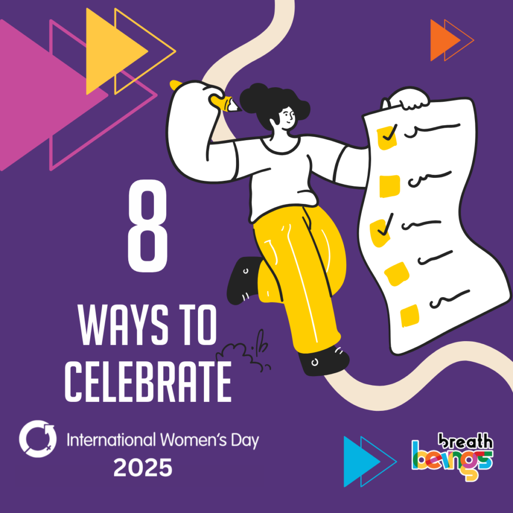 The Background of the image is purple with triangle shapes and a pathway in between. There is a women walking on the pathway having a checklist and a pencil in her hand. She is wearing a yellow pant with a white T-shirt and black shoes. On the left side of the image it is written 8 ways to celebrate international women's day