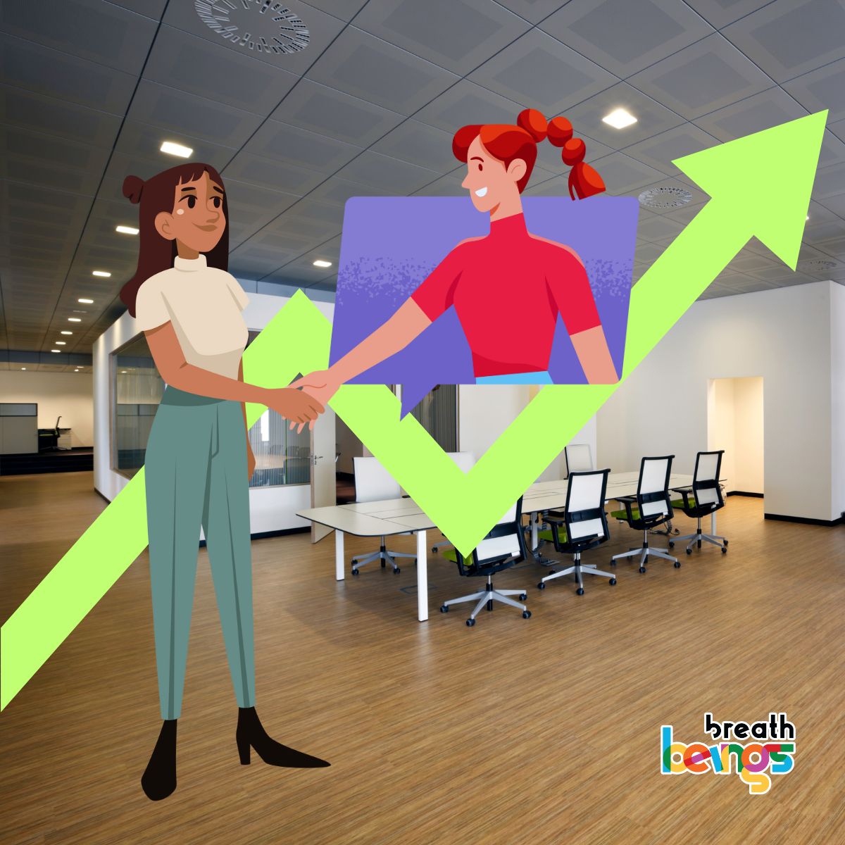 The image features a light-brown wood-floored modern office space as its backdrop. There is a vibrant lime-green arrow pointing upward, suggesting growth. This arrow frames two women, depicted in a simple style. One woman is standing in the foreground, while the other is positioned inside a purple speech bubble. They are shaking hands across the speech bubble.