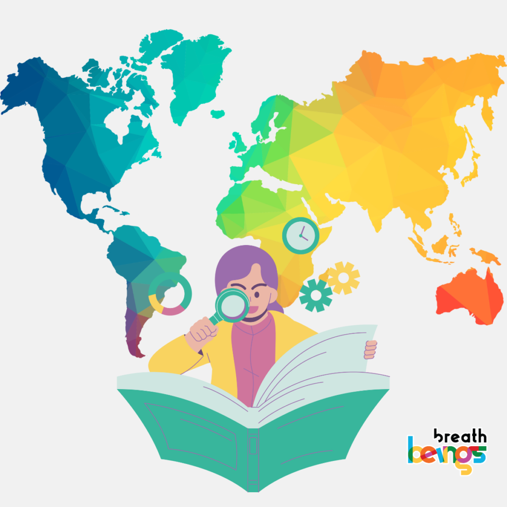 In the foreground, a person is depicted holding a magnifying glass over an open book. The person is wearing a yellow jacket and a purple scarf. ehind the person is a geometric, abstract map of the world. The map is composed of triangular shapes in bright colors—blues, greens, yellows, and reds—gradually shifting in hue across the continents.nterspersed across the map are smaller, colorful icons like clocks, gears, and circular elements