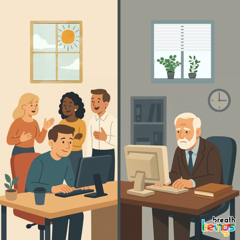 The image is split into two contrasting halves: Left Side: Bright and cheerful atmosphere; Young workers are gathered around a desk, smiling and talking; A man is working at a computer while others engage happily with him; The window shows a sunny day with blue sky and clouds; Warm colors dominate (light beige walls, orange chair). Right Side: Dull and somber atmosphere; An older man sits alone at his desk, looking sad; The room is painted with gray tones; There's a clock on the wall and a window with closed blinds and two small plants; The lighting is cold and muted.