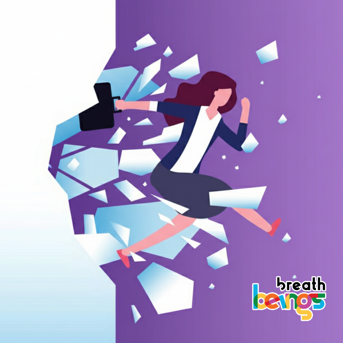 The background has a plain white space on the left, and a solid purple background on the right. The central figure is a woman with long brown hair, wearing a dark blue blazer over a white shirt and a dark skirt. She's depicted mid-leap, her body angled, suggesting intense forward motion. She carries a black briefcase in her left hand. The woman is breaking through a transparent, crystalline wall or barrier. The glass shatters into numerous angular, light-blue fragments that scatter around her as she leaps forward.