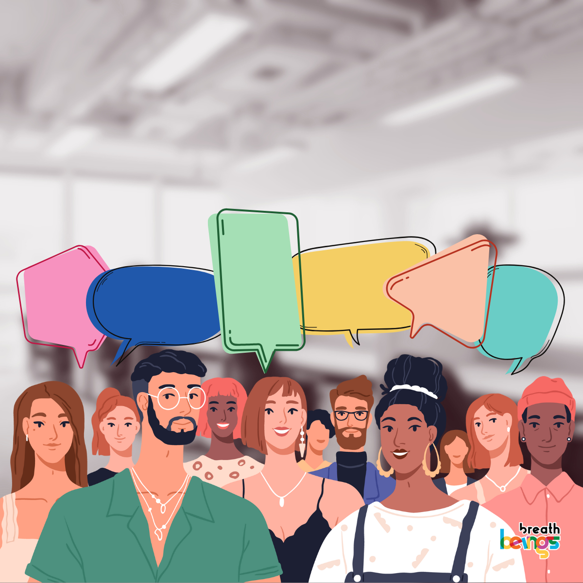 The image illustrates a diverse group of people standing together with colorful speech bubbles floating above them, suggesting a discussion or exchange of ideas. In the foreground, a collection of diverse individuals are depicted with varying skin tones, hairstyles, and clothing styles. A man with a beard and glasses wears a green shirt and a necklace with multiple strands, standing slightly to the left of the center. To his right, a woman in a black top and a delicate necklace smiles forward. A woman with her hair styled in an updo and large hoop earrings stands prominently in the front row. The group as a whole appears friendly and approachable. Above the group of people, there are speech bubbles in vibrant colors such as pink, blue, green, yellow, and orange, adding a playful and dynamic element to the composition.