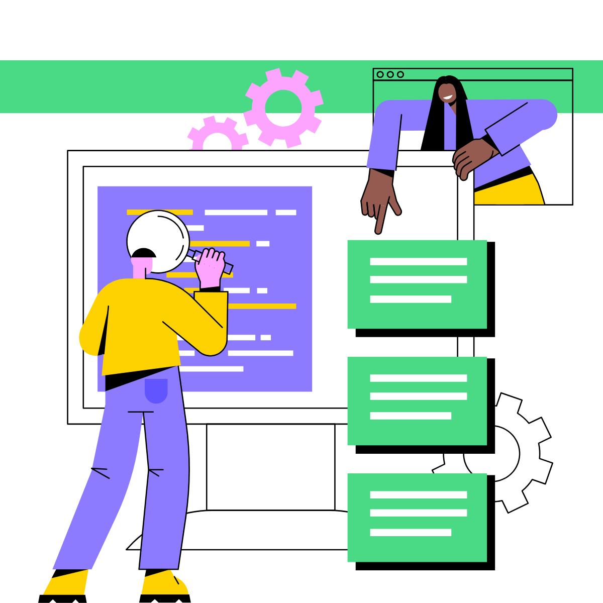 Two people are looking at a computer screen with lines of code. One person is using a magnifying glass to examine the code, while the other person is pointing at a series of green boxes with lines on them. Gears are in the background.