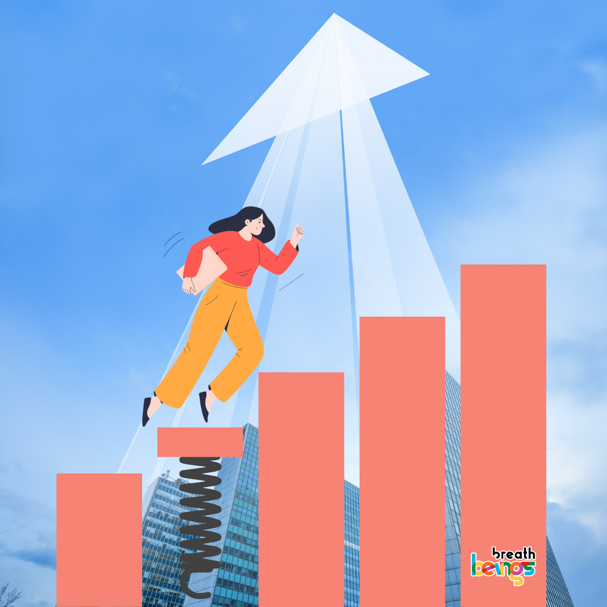 The image is a vibrant, graphic illustration that conveys a sense of progress and upward mobility. At the forefront, a woman with dark hair, wearing a coral-colored long-sleeved shirt and bright yellow pants, is shown in mid-stride, appearing to run or leap upwards. She is holding a light brown folder or tablet in her left arm. Her expression is determined and forward-looking, with her right arm extended slightly back, giving a sense of momentum. She is positioned on a series of coral-colored bars that resemble a bar graph, increasing in height from left to right. The first bar from the left is supported by a black, coiled spring, suggesting an energetic boost or a jump start. The background is dominated by a bright blue sky with scattered white clouds, and behind the coral bars, the sleek, modern facades of tall glass office buildings are visible. Emerging from behind the woman and the bar graph is a large, stylized white arrow pointing sharply upwards, creating a luminous trail that accentuates the upward trajectory.