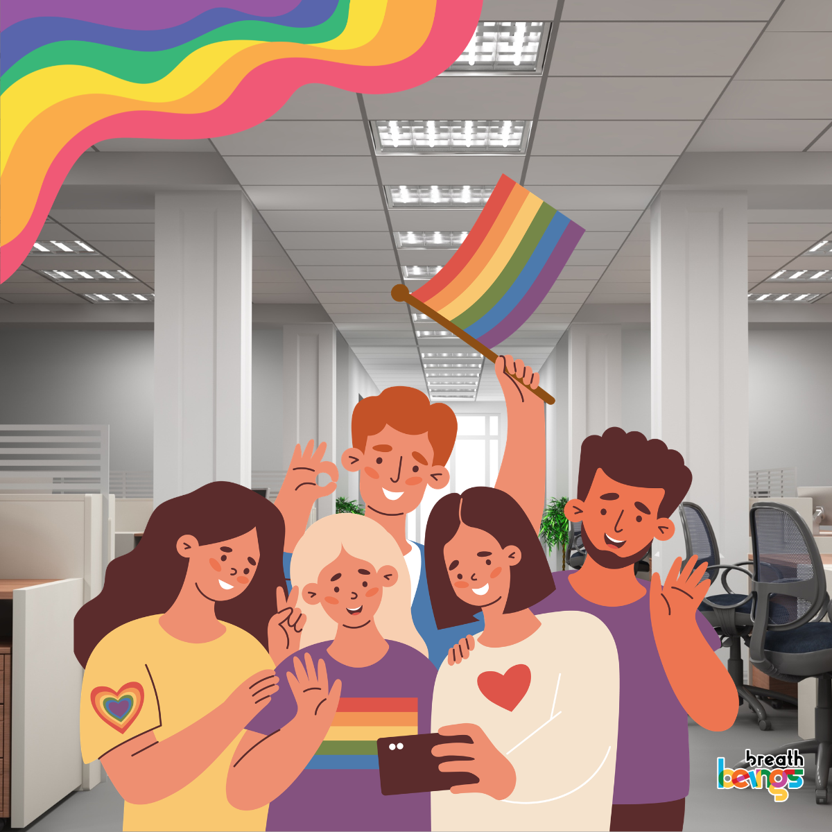 The characters are diverse in appearance and are rendered in a flat, illustrative style with warm, earthy tones for skin and hair. From left to right, the first character is a woman with long, dark wavy hair, wearing a yellow t-shirt adorned with a rainbow heart on the sleeve. She is smiling and holding a phone as if taking a selfie. Next to her is a woman with short blonde hair, wearing a purple t-shirt with rainbow stripes. She is also smiling and making a peace sign with her fingers. Behind them, a man with short red hair and a blue shirt is smiling and holding up one hand in a wave or gesture of acknowledgement. To the right of the blonde woman is another woman with short brown hair, wearing a cream-colored shirt with a red heart graphic. She is also smiling and holding the phone for the selfie. Completing the group on the far right is a man with short curly brown hair and a purple t-shirt, smiling and waving. A rainbow flag on a wooden pole is held high by one of the individuals, its colors vibrant against the neutral office background. Above the characters, a stylized rainbow wave flows across the top of the image, further emphasizing the LGBTQ+ theme
